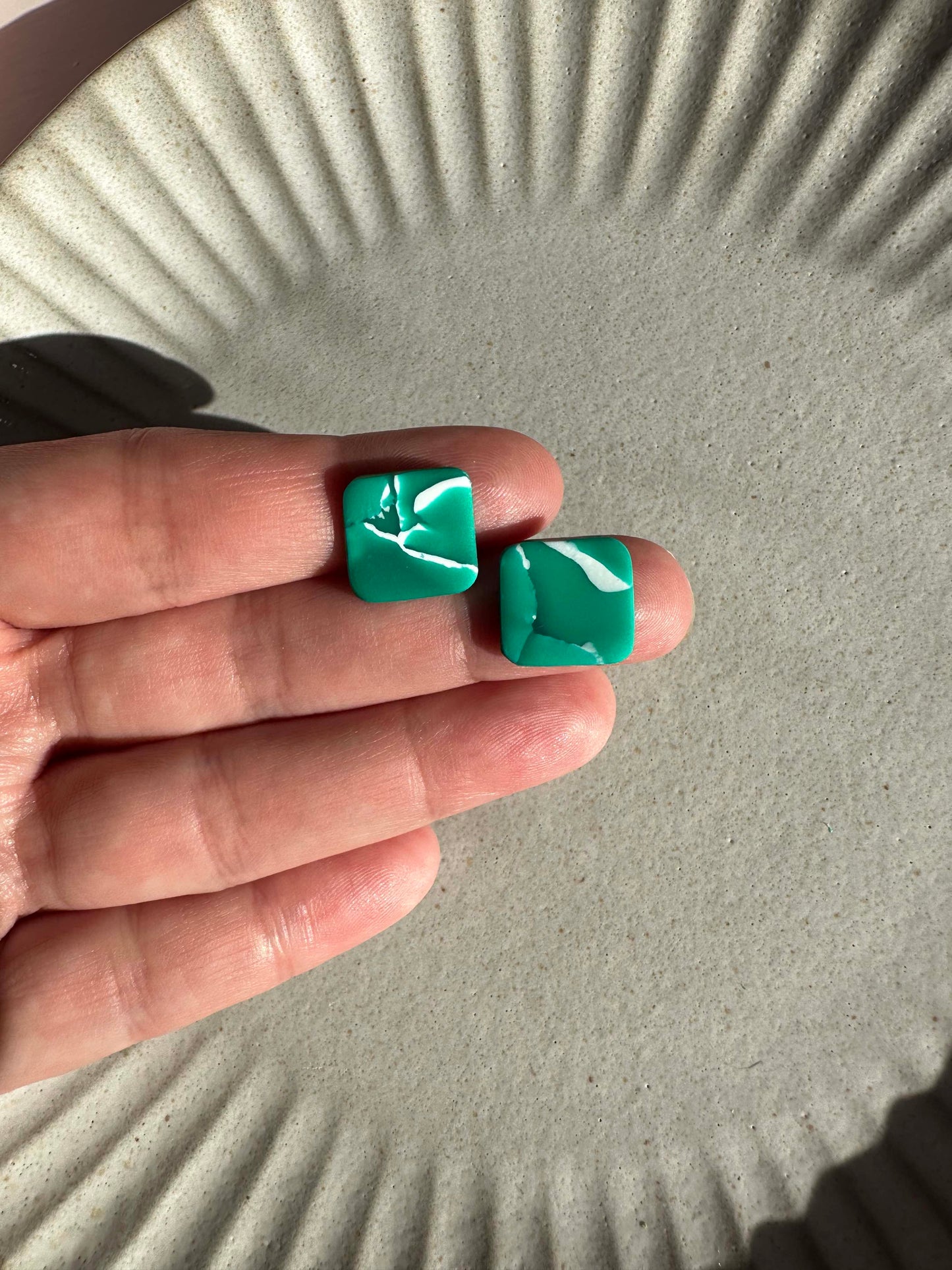 Midi Square Studs in Vivid Green Marble