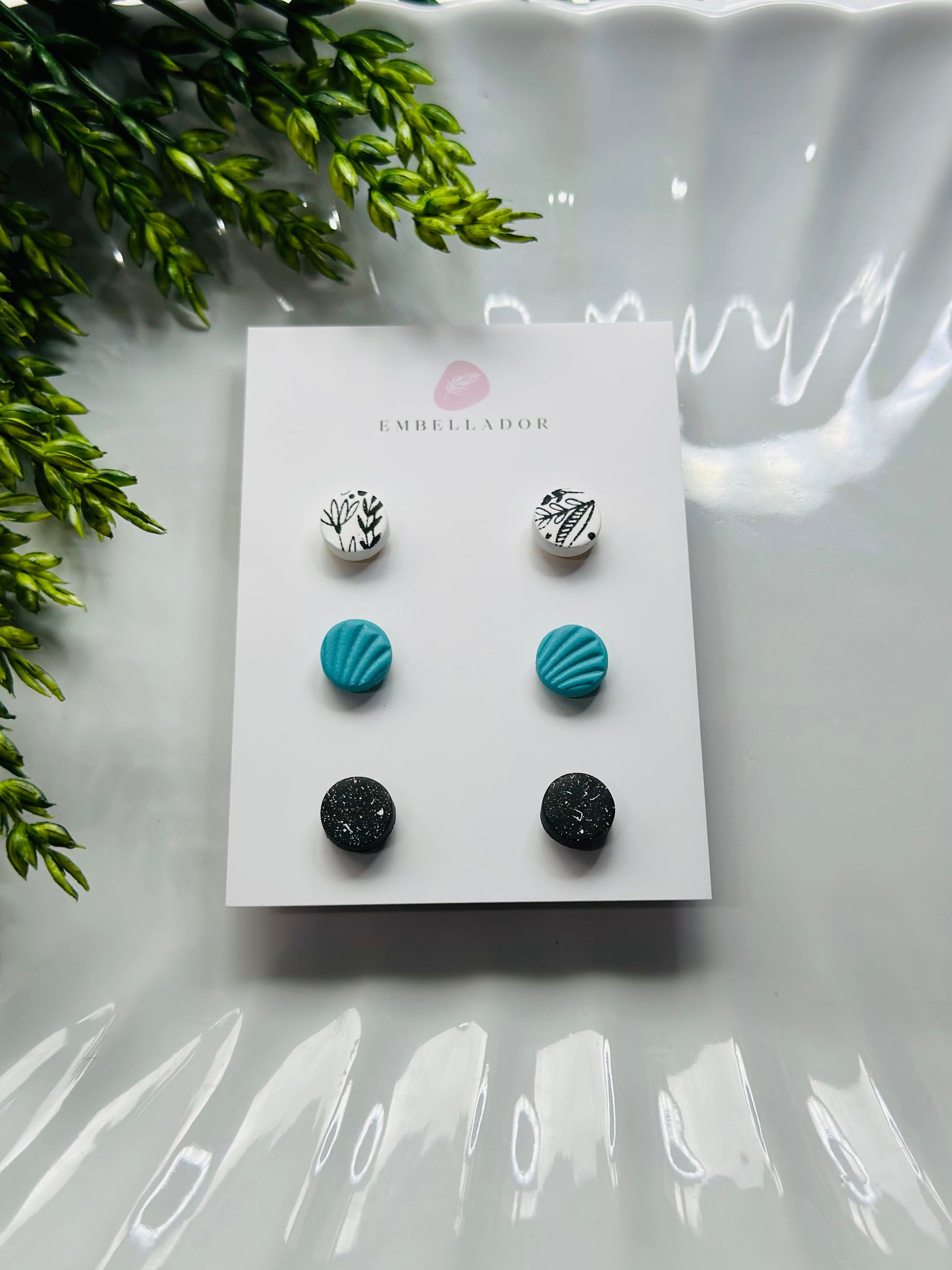 Mini Stud Trio - White Flower, Teal Fan & Black Speckle Jewelry Embellador 