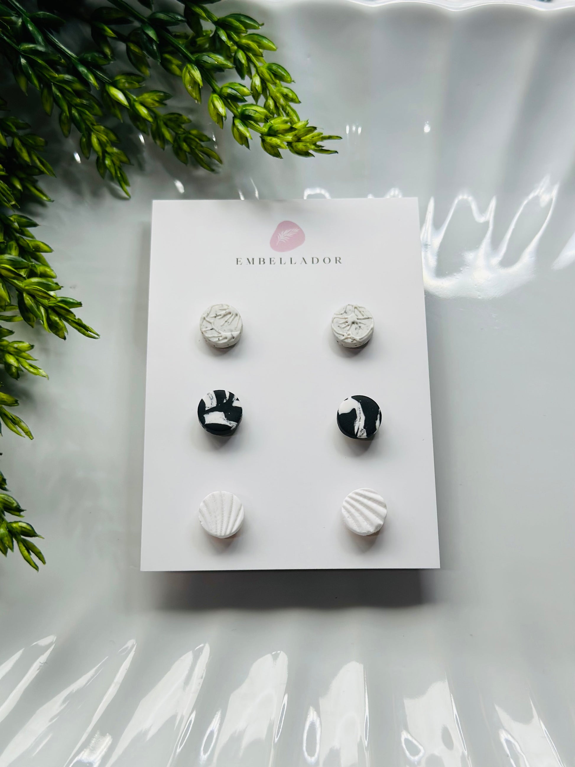 Mini Stud Trio - White Granite, Black & White Marble & White Fan Jewelry Embellador 