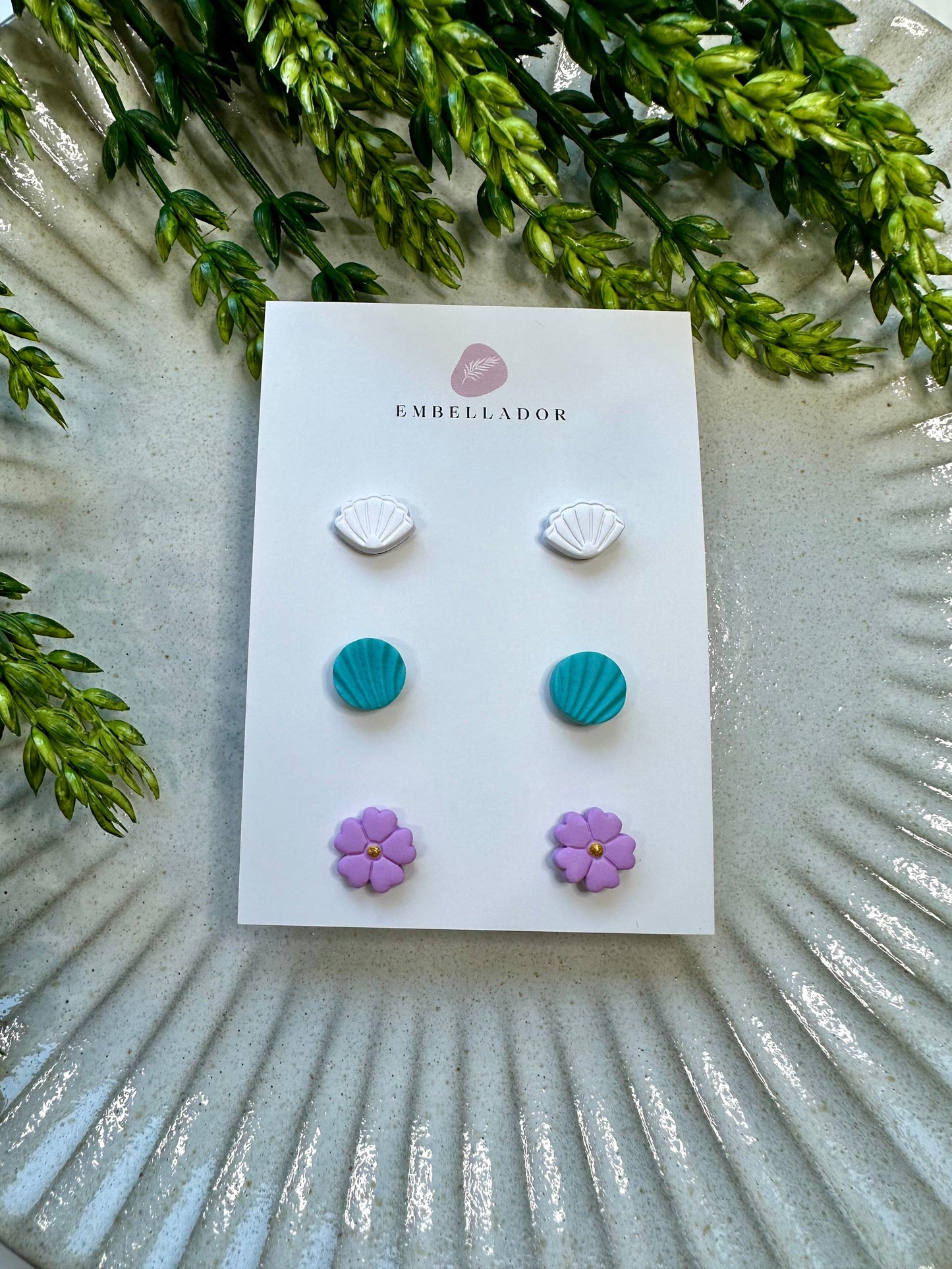 Mini Stud Trio - White Shell, Teal Fan & Wisteria Flower Jewelry Embellador 