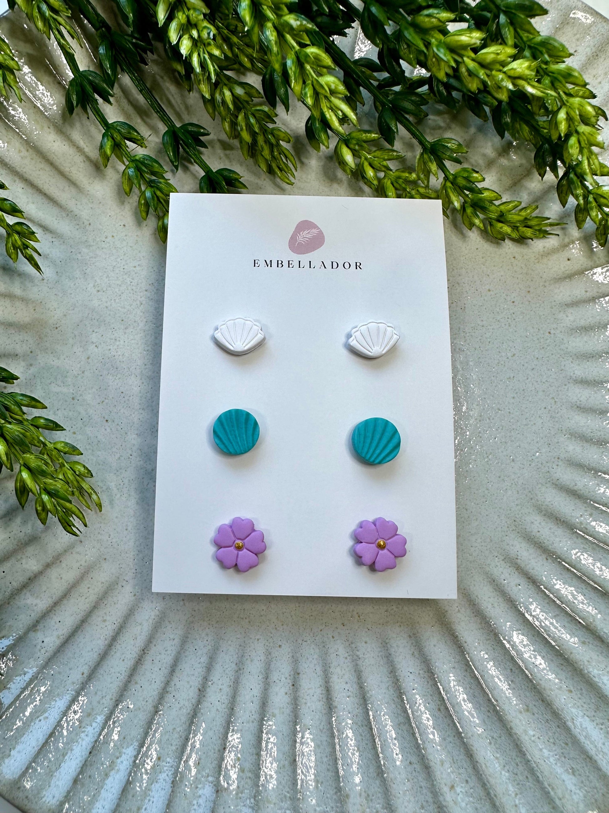 Mini Stud Trio - White Shell, Teal Fan & Wisteria Flower Jewelry Embellador 